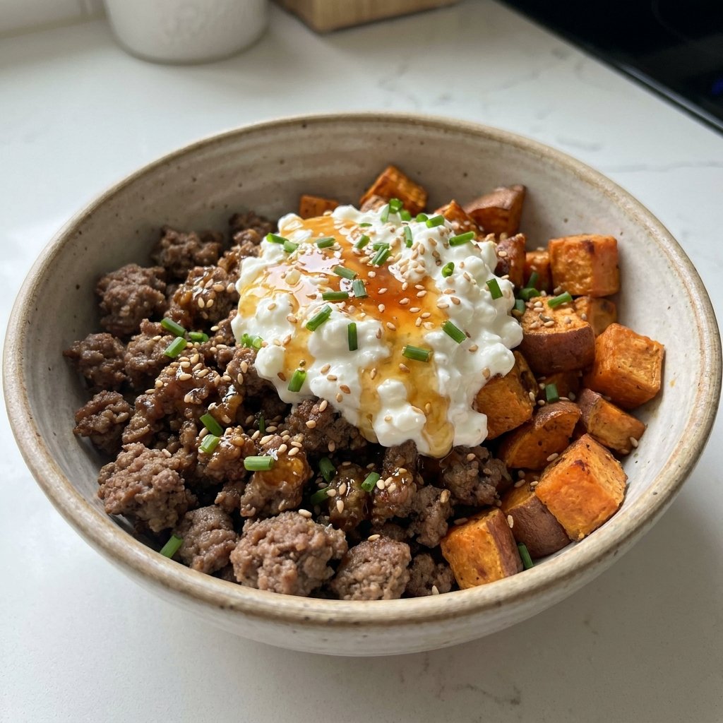 Hot honey cottage cheese sweet potato beef bowl