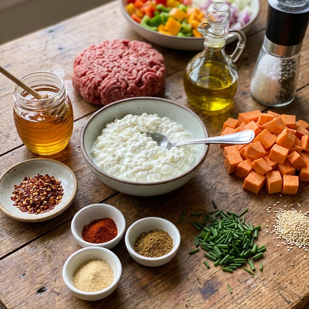 Hot honey cottage cheese sweet potato beef bowl