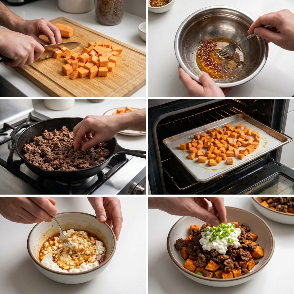 Hot honey cottage cheese sweet potato beef bowl