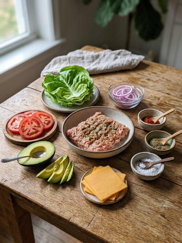 Low Carb Chicken Burger Lettuce Dinner Stack 13 Chicken burger ingredients on table 202605121423