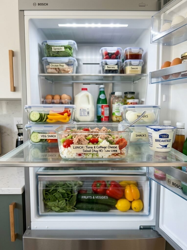 low carb tuna cottage cheese tomato lunch 16 Food storage containers lunch scene 202606101626