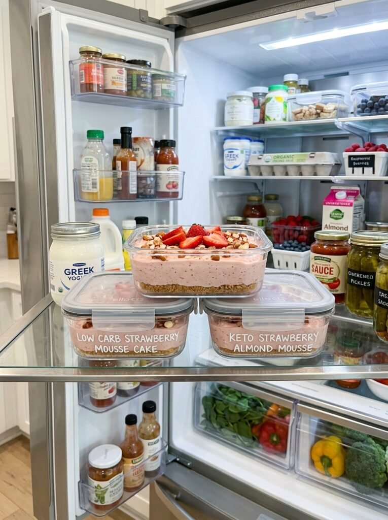 Low Carb Strawberry Almond Mousse Cake 16 Food storage containers with cake 202605250004