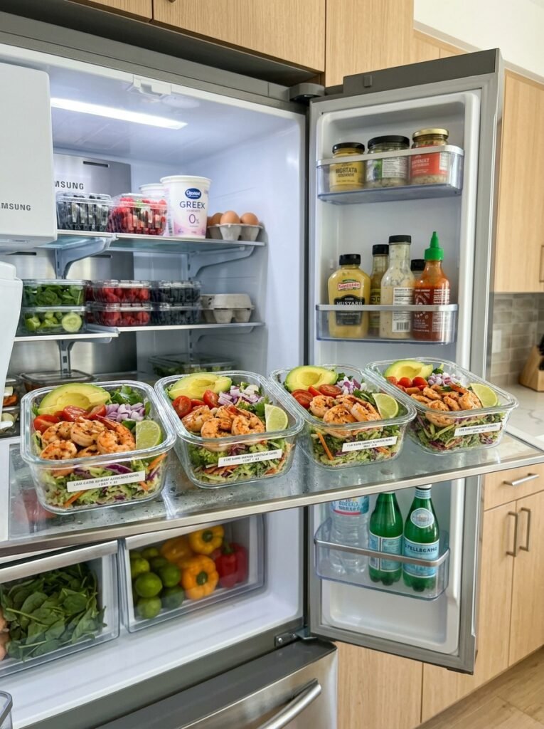 low carb shrimp avocado broccoli slaw bowl 16 Food storage containers with slaw 202605301409