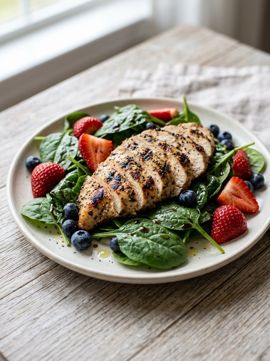 Grilled chicken berry spinach plate 202606101534