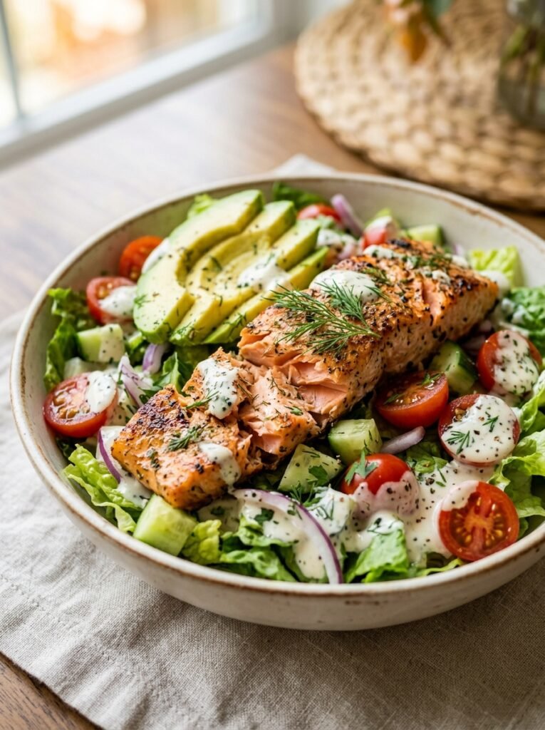 low carb salmon avocado ranch dinner salad 12 Salmon avocado ranch dinner salad 202605212201